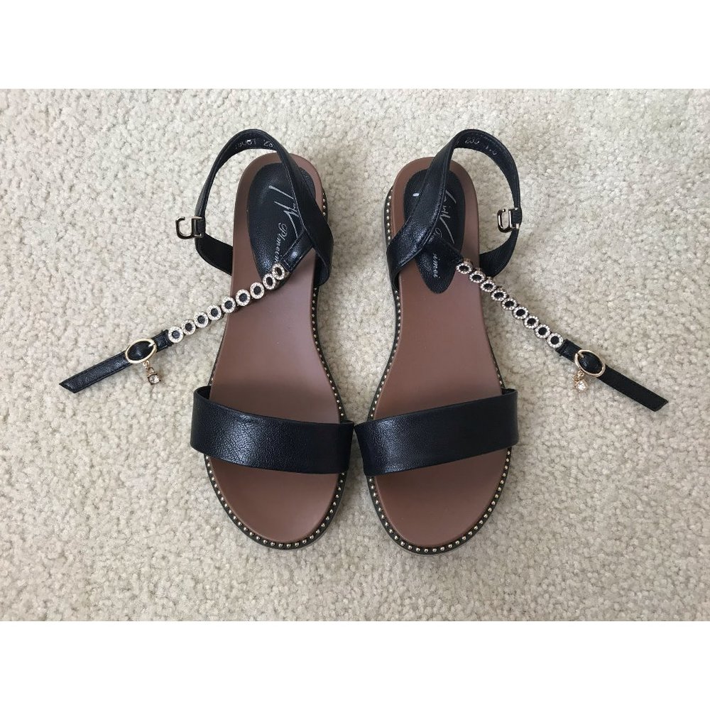 Black and Gold Sandals with Jeweled Strap Size 6